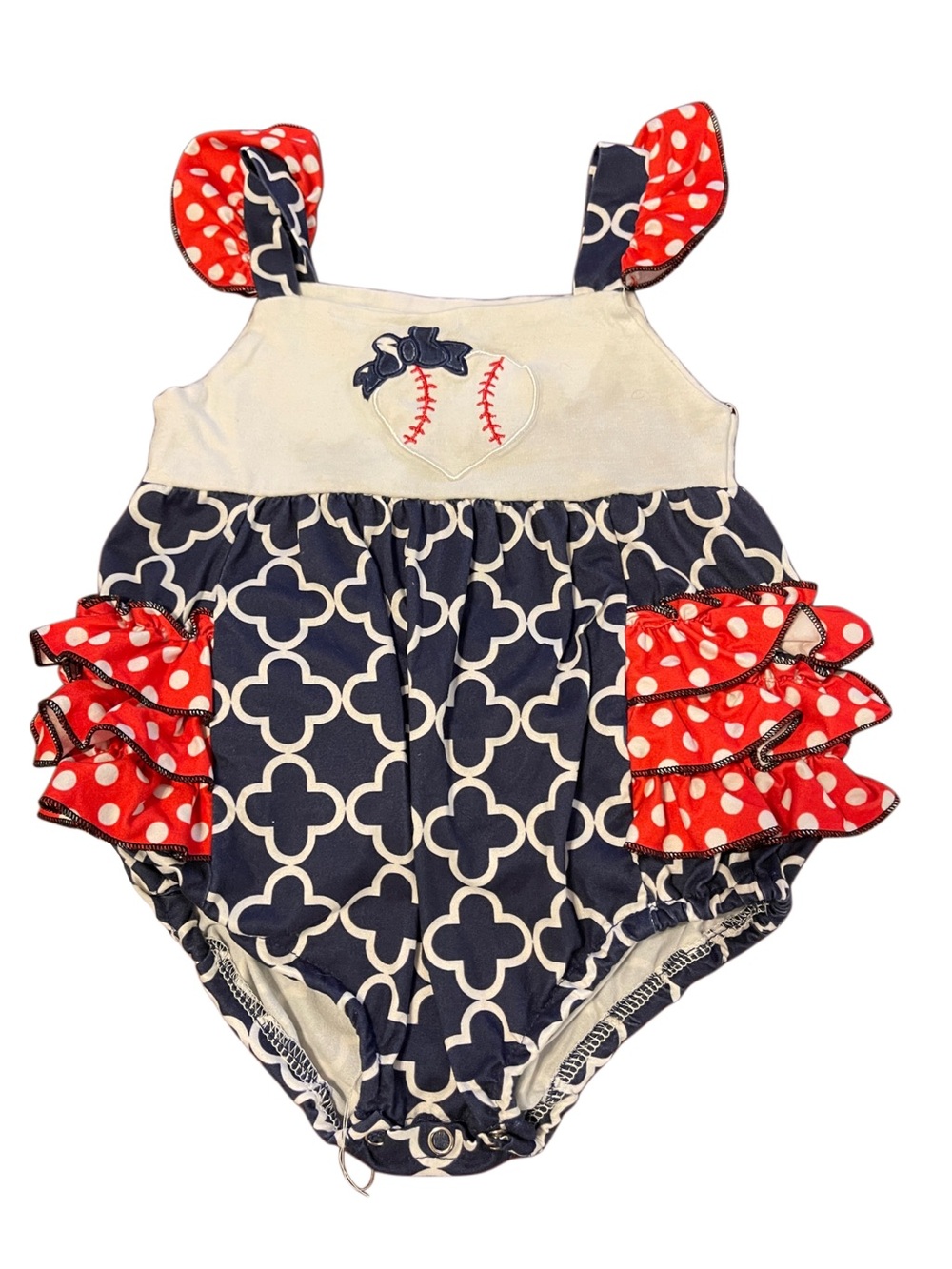 Navy & Red Polka Dot Baby One-Piece Romper with Heart Baseball Applique